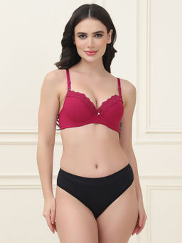 PrettyCat - Lightly Padded T-Shirt Bra Panty with Sexy Trim Lace Maroon (Set of 2)