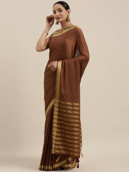 Mimosa - Mysore Silk Style Crepe Saree Brown With Unstitched Blouse