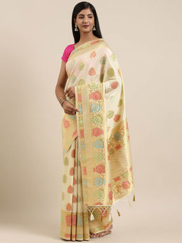 Mimosa - Kanchipuram Style Art Silk Saree Beige With Unstitched Blouse