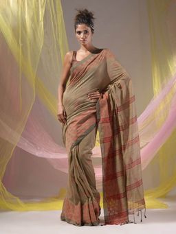 CHARUKRITI - Beige Cotton Handloom Soft Geometric Border Saree with Unstitched Blouse