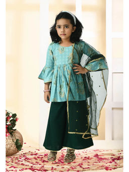 Muffin Shuffin - Girls Blue Floral Printed Kurta and Sharara