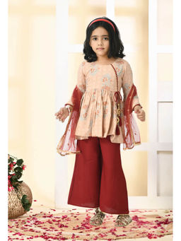 Muffin Shuffin - Girls Peach Floral Printed Kurta and Sharara