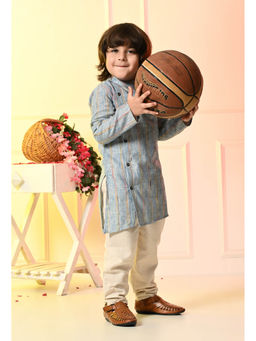 Muffin Shuffin - Boys Blue Embroidered Asymmetrical Kurta and Pyjama