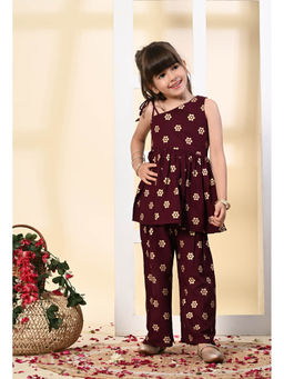 Muffin Shuffin - Girls Wine Gold Printed Kurta Co-ord Set