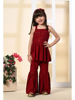 Muffin Shuffin - Girls Maroon Rayon Peplum Co-ord Set