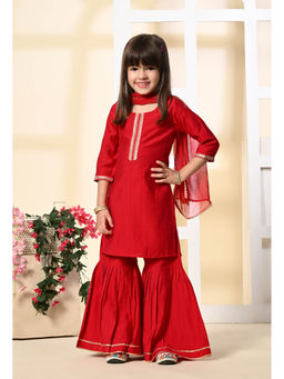 Muffin Shuffin - Girls Rani Pink Lace Work Gharara Kurta with Dupatta