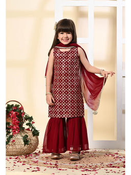 Muffin Shuffin - Girls Maroon Embroidered Gharara Kurta with Dupatta