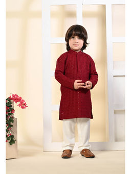 Muffin Shuffin - Boys Maroon Embroidered Rayon Kurta And Pyjama