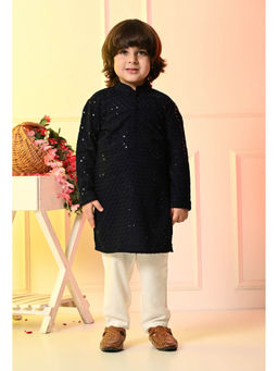 Muffin Shuffin - Boys Navy Blue Embroidered Rayon Kurta And Pyjama