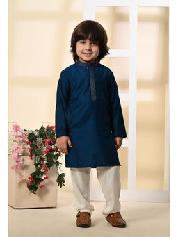 Muffin Shuffin - Boys Teal Blue Zari Embroidered Silk Kurta And Pyjama