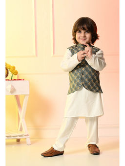 Muffin Shuffin - Boys Off White Kurta and Pyjama with Olive Embroidered Nehru Jacket
