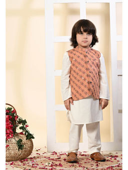Muffin Shuffin - Boys Off White Kurta and Pyjama with Peach Embroidered Nehru Jacket