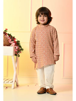 Muffin Shuffin - Boys Peach Embroidered Asymmetrical Kurta and Pyjama