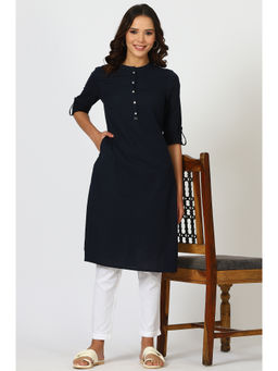 W - Navy Blue Mandarin Collar Cotton Blend Straight Kurta