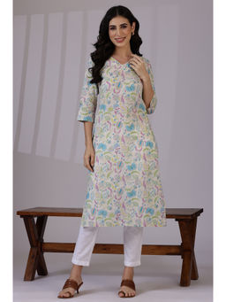 W - Light Beige Floral Printed Pure Cotton Straight Kurta