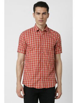 Peter England - Men Red Slim Fit Check Half Sleeves Casual Shirt