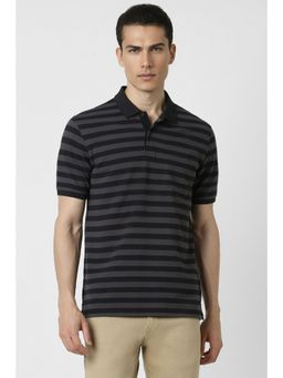 Peter England - Men Grey Stripe Polo Neck T-Shirt