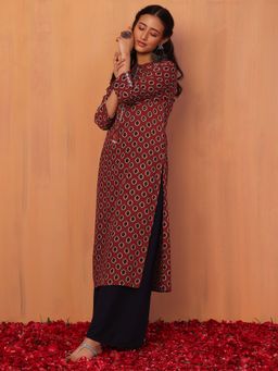 Indya - Maroon Floral Boota Print Embroidered Straight Kurta
