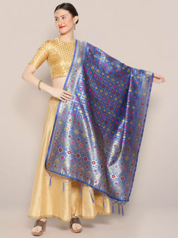 Dupatta Bazaar - Womens Royal Blue Banarasi Silk Dupatta in Checkered Design