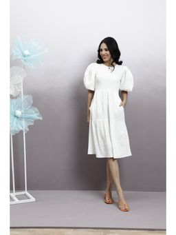 AAREIN - Womens Women White Seersucker A-Line Midi Dress