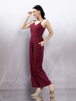 AAREIN - Women Solid Sleeveless Wine Jumpsuit