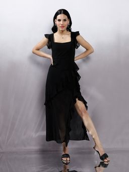 AAREIN - Black Square Neck Flutter Sleeves Ruffled Detailed Maxi Dress