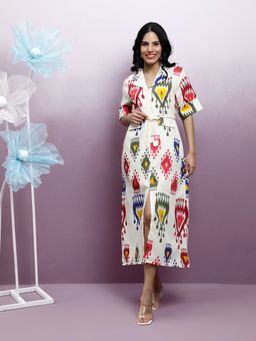 AAREIN - Printed Tie-Up Neck Short Sleeves Linen A-Linen Midi Dress with Belt - White (Set of 2)