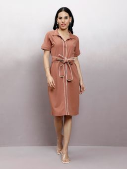 AAREIN - Brown Solid A-Line Knee Length Dress