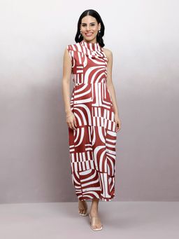 AAREIN - Red Abstract Printed Satin A-Line Midi Dress