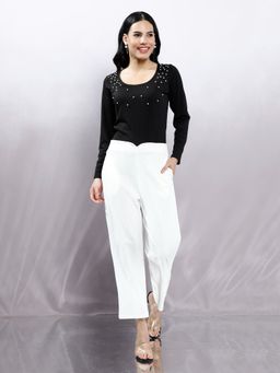AAREIN - Women Black Embellished Round Neck Top