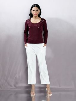 AAREIN - Women Maroon Embellished Round Neck Top