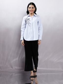 AAREIN - Women Blue Embellished Full Sleeves Cotton Shirt