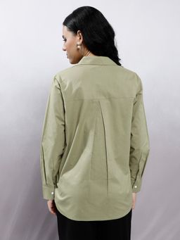 AAREIN - Women Olive Embellished Full Sleeves Cotton Shirt