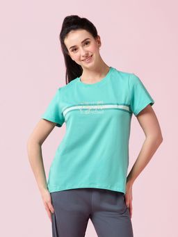 Enamor - Short Sleeve Crew Neck Regular Length High Low Striped T-Shirt For Women- E3S5