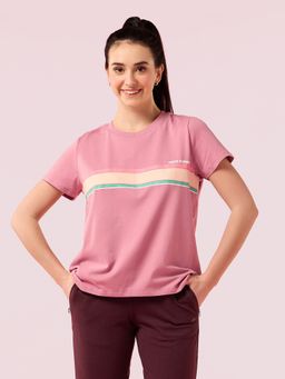 Enamor - Short Sleeve Crew Neck Regular Length High Low Striped T-Shirt For Women- E3S5