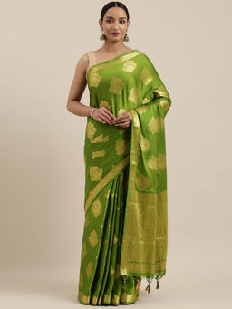 Mimosa - Mysore Silk Style Crepe Saree Green With Unstitched Blouse