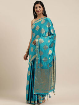 Mimosa - Mysore Silk Style Crepe Saree Blue With Unstitched Blouse