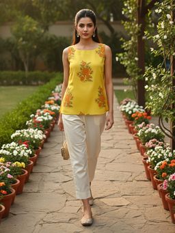 Vaamsi - Women Yellow Viscose Rayon Floral Printed Boat Neck Top