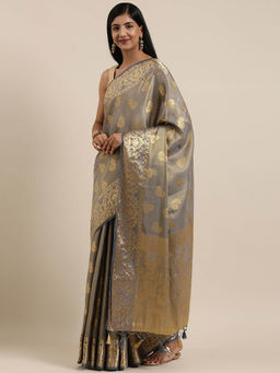Mimosa - Kanchipuram Style Art Silk Saree Grey With Unstitched Blouse