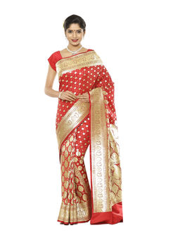 Banarasi Silk Works - Red Half Patli Zari Jaal Satin Silk Saree with Unstitched Blouse