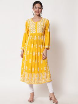 PARAMOUNT CHIKAN - Hand Embroidered Rayon Mustard Lucknowi Chikankari Kurta