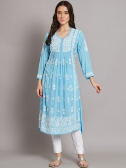 PARAMOUNT CHIKAN - Hand Embroidered Rayon Sky-Blue Lucknowi Chikankari Kurta
