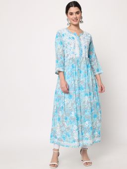 PARAMOUNT CHIKAN - Hand Embroidered Mulmul Turquoise Lucknowi Chikankari Kurta