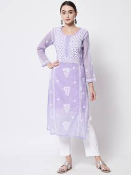 PARAMOUNT CHIKAN - Hand Embroidered Kota Lavender Lucknowi Chikankari Kurta with Slip (Set of 2)