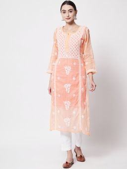 PARAMOUNT CHIKAN - Hand Embroidered Kota Peach Lucknowi Chikankari Kurta with Slip (Set of 2)