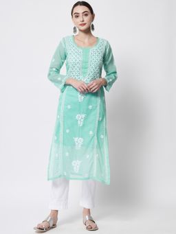 PARAMOUNT CHIKAN - Hand Embroidered Kota Sea Green Chikankari Kurta with Slip (Set of 2)