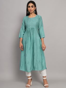 PARAMOUNT CHIKAN - Hand Embroidered Chanderi Green Lucknowi Chikankari Kurta