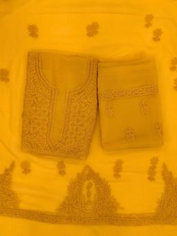 PARAMOUNT CHIKAN - Hand Embroidered Georgette Mustard Chikankari Dress Material (Set of 3)