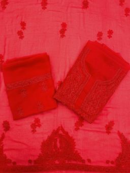 PARAMOUNT CHIKAN - Hand Embroidered Georgette Red Chikankari Dress Material (Set of 3)
