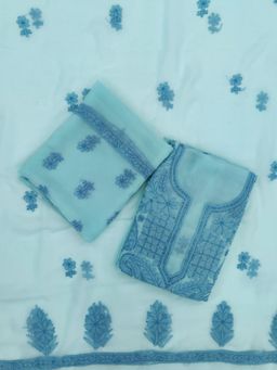 PARAMOUNT CHIKAN - Hand Embroidered Georgette Turquoise Chikankari Dress Material (Set of 3)